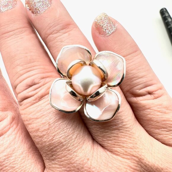 Designer QVC HSN Womens Ring Sterling Silver Pink Pearl Size 9 Statement Ring - Picture 3 of 7